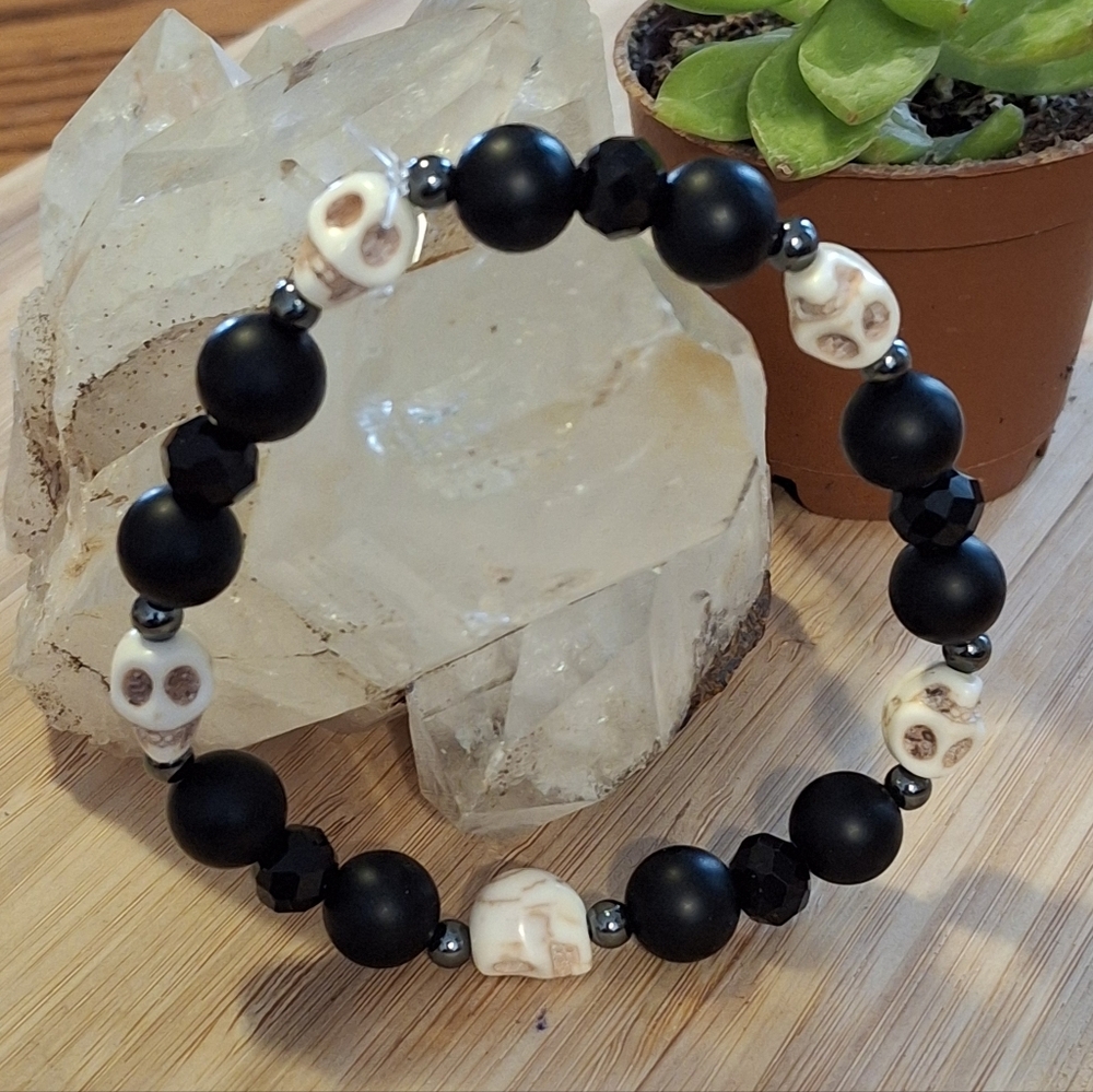 Obsidian, Hematite, Crystal And Skull Bead Stretch Bracelet